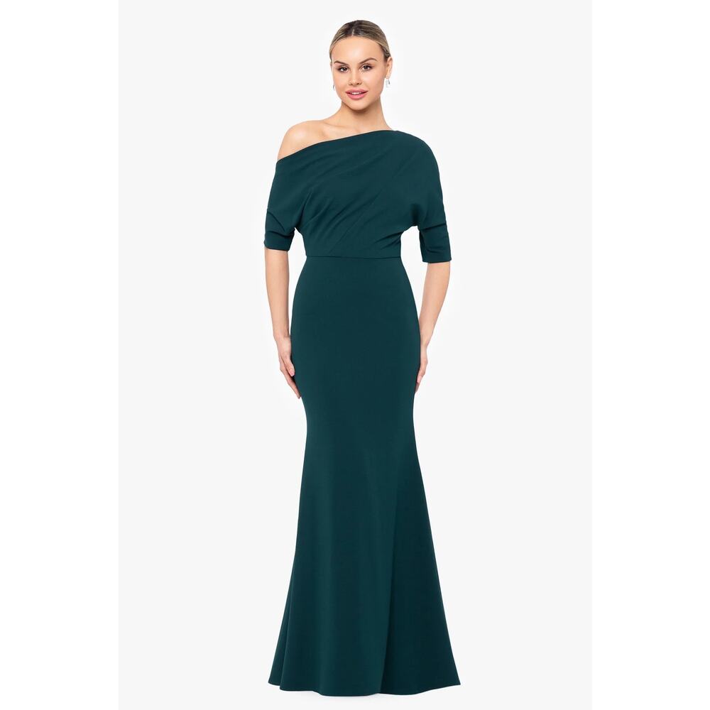 Betsy And Adam Madeline Long Scuba Crepe Off the Shoulder Drop Dress Sz 12 Pine